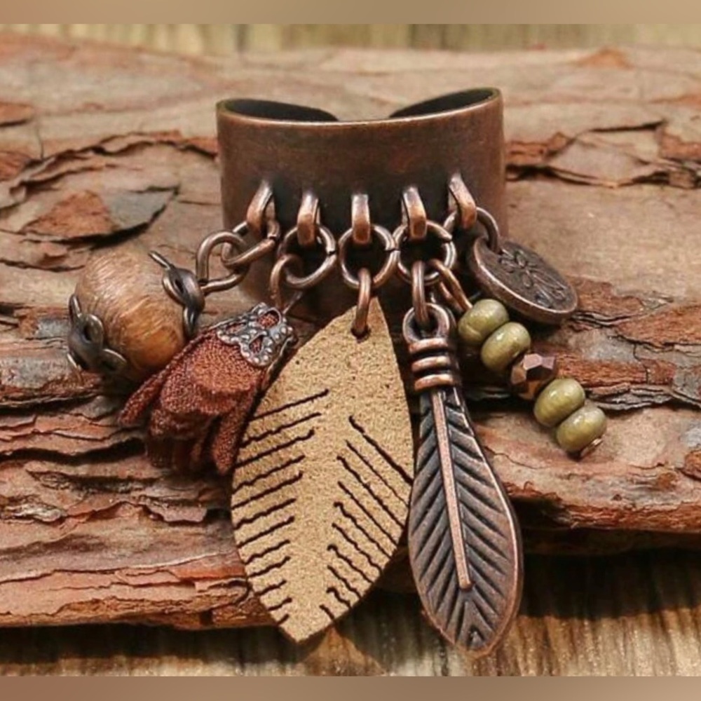 Bohemian Hippie Dangling Charms Wood Bead Feather Fabric Flower Copper Adj Ring - Picture 10 of 16
